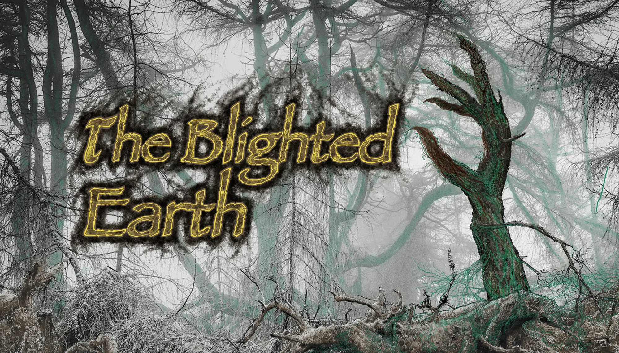 The Blighted Earth key art, a mist filled forest of bare twisted trees