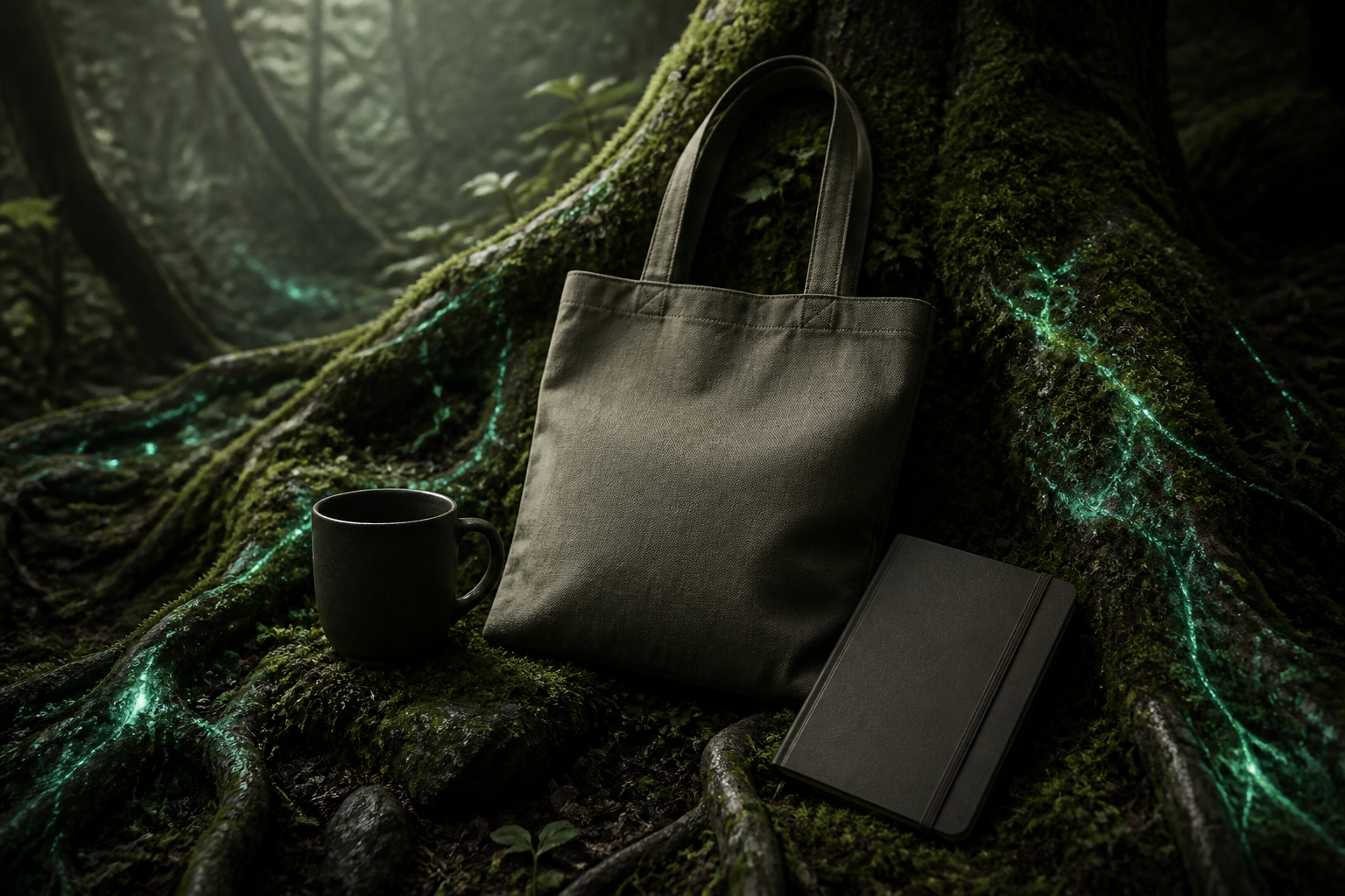 Blighted Earth merchandise flat lay on moss and glowing roots